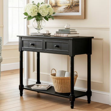 GDFStudio Darren Traditional Entryway Console Table with 2 Drawers and Bottom Shelf, Black