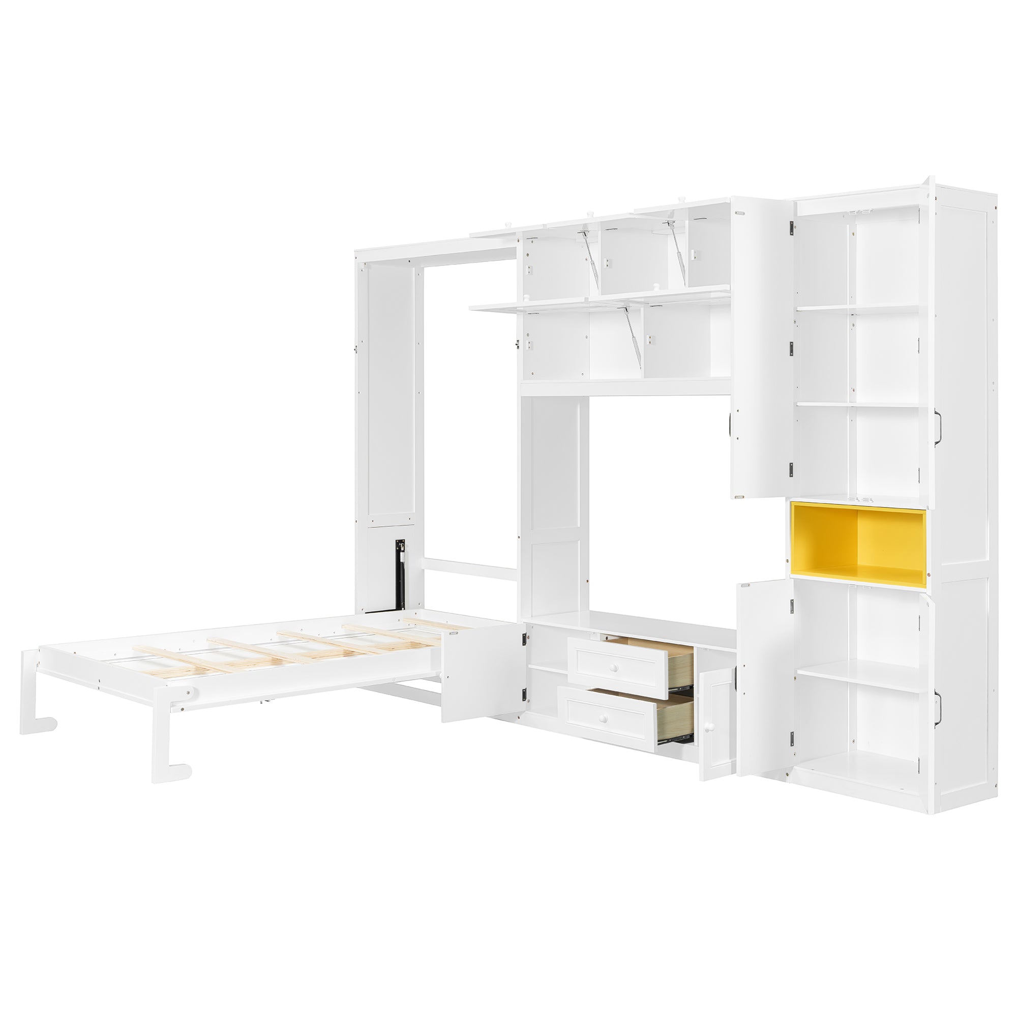 Twin Size Murphy Bed with TV Stand, Storage Drawers & Cabinets, Space-Saving Wall Bed for Small Rooms