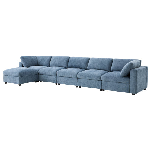 GDFStudio Hudson Modern Chenille 6-Seat Modular Sectional Sofa Sleeper U-Shaped Convertible Couch with Ottoman, Blue