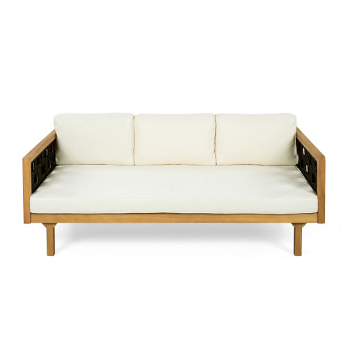 Christopher Knight Home Helen 67.5'' Modern Outdoor Acacia Wood Woven Rope 3-Seater Sofa, Beige/Teak