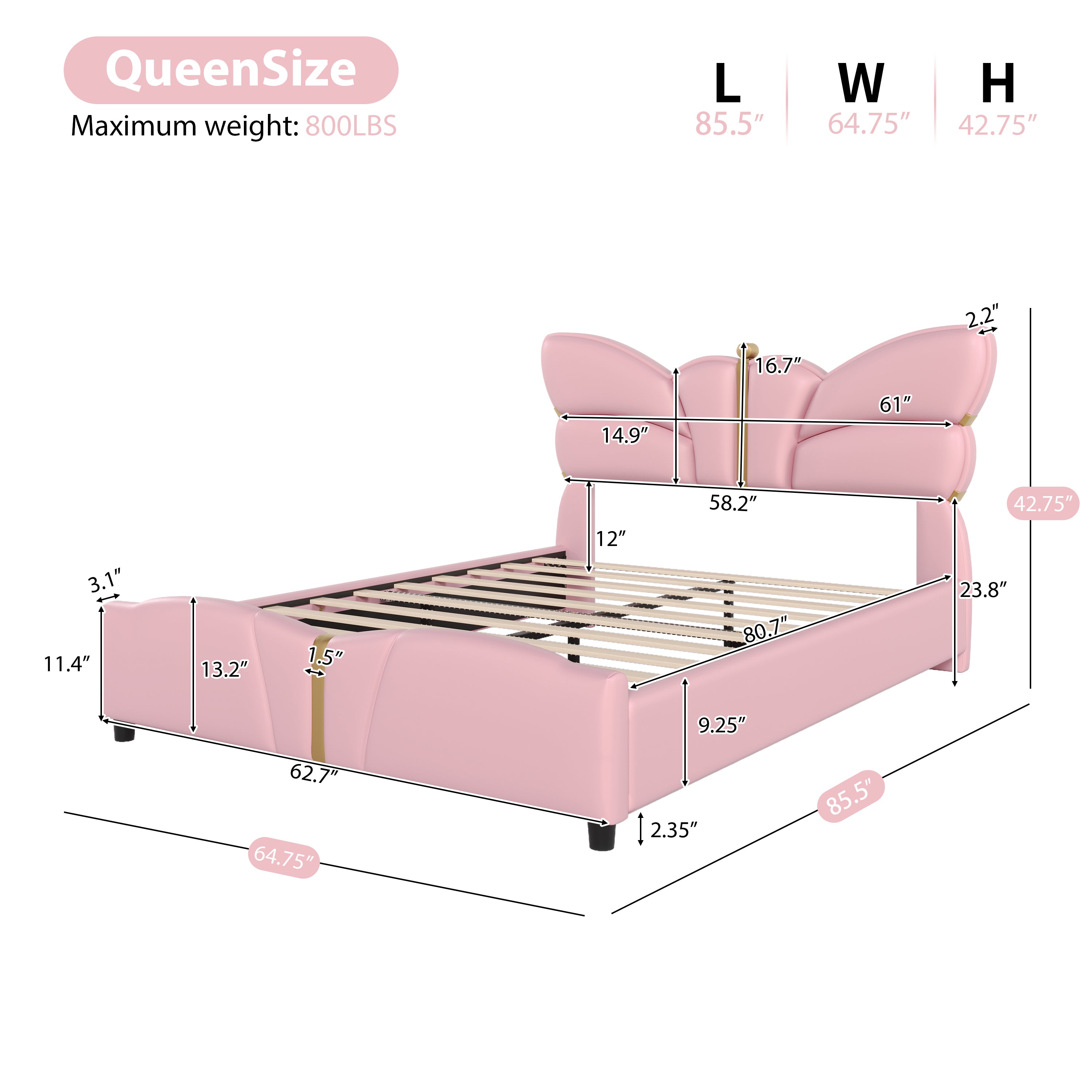 Christopher Knight Home Butterfly-Headboard PU Leather Platform Bed with Wood Slats & Metal Accents