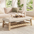 GDFStudio Bennett Mid-Century Modern Upholstered Tufted Ottoman Coffee Table with Storage Shelf, Beige, Linen-Rectangle