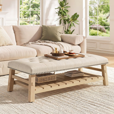 GDFStudio Bennett Mid-Century Modern Upholstered Tufted Ottoman Coffee Table with Storage Shelf, Beige, Linen-Rectangle