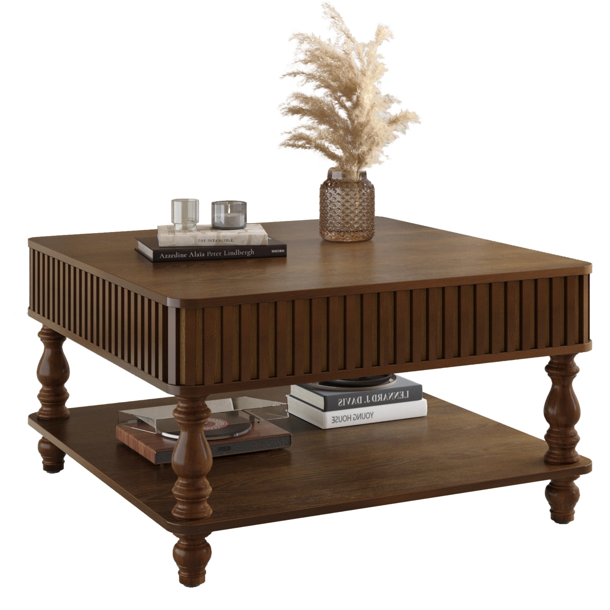 GDFStudio Melisande Mid-Century Modern Square Fluted Lift-Top Coffee Table with Hidden and Open Storage, Walnut Brown
