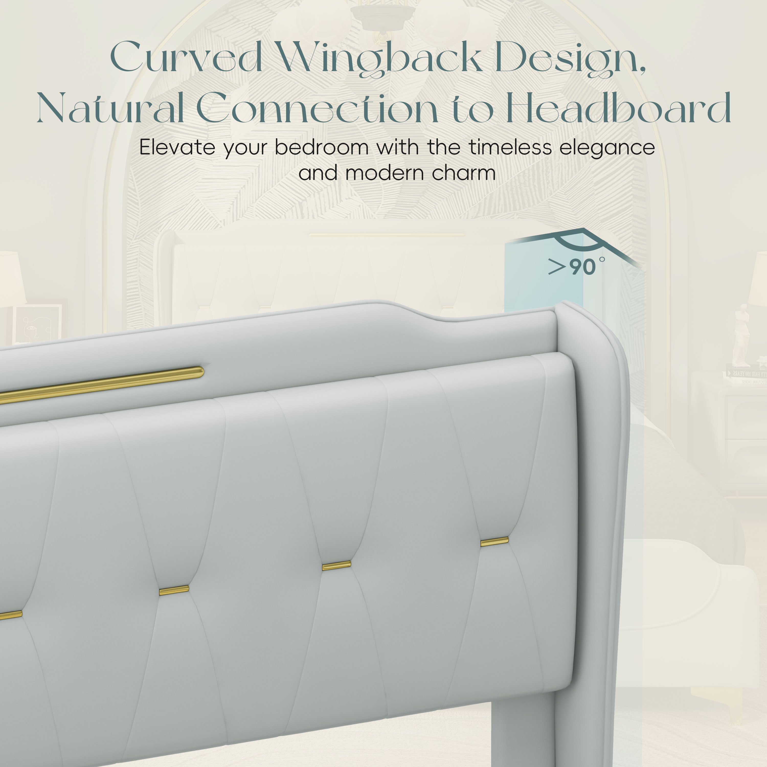 Christopher Knight Home Modern Faux Leather Platform Bed with Gold Metal Accents & Sturdy Wood-Metal Frame