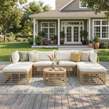 GDFStudio Savannah Patio Modern PE Rattan 7-Piece Modular Sectional Sofa Set with Cushions and Round Coffee Table, Beige