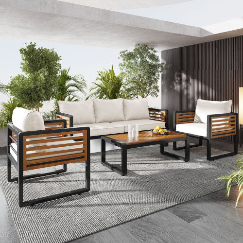 GDFStudio Vera Patio Modern Metal and Acacia Wood 4-Piece Conversation Sofa Set with Coffee Table and Cushions, Beige/Black