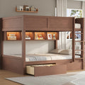 GDFStudio Davis Full XL over Full XL Bunk Bed with Storage Cabinets, LED Light and 2 Drawers, Brown