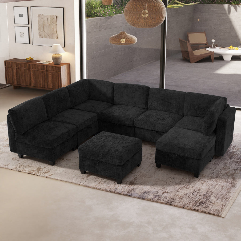 GDFStudio Core Modular Chenille Sectional Sofa with Storage, 8 Piece, Black