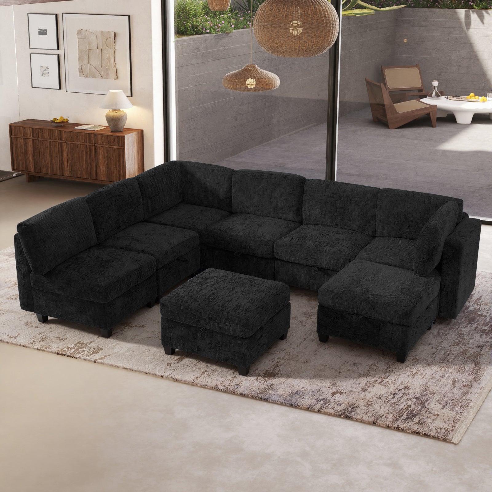 GDFStudio Core Modular Chenille Sectional Sofa with Storage, 8 Piece, Black