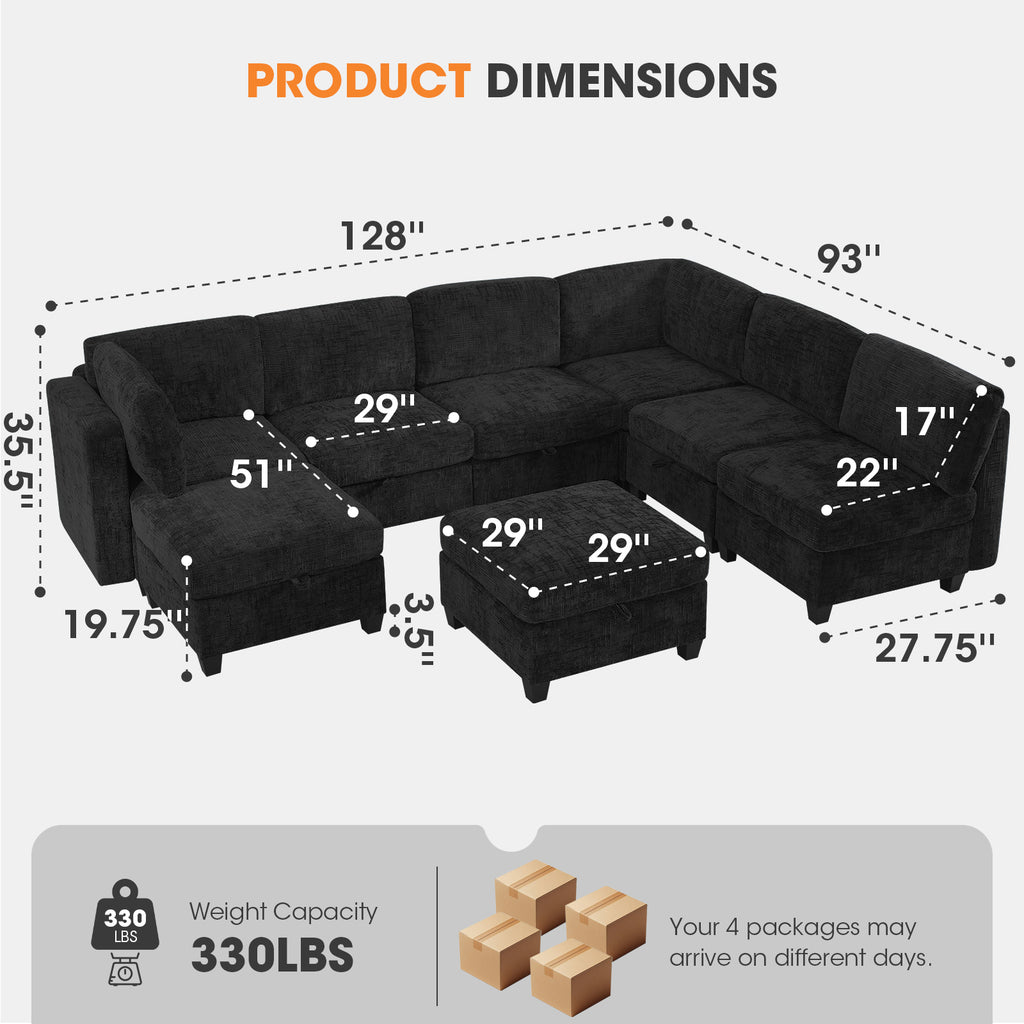 GDFStudio Core Modular Chenille Sectional Sofa with Storage, 8 Piece, Black