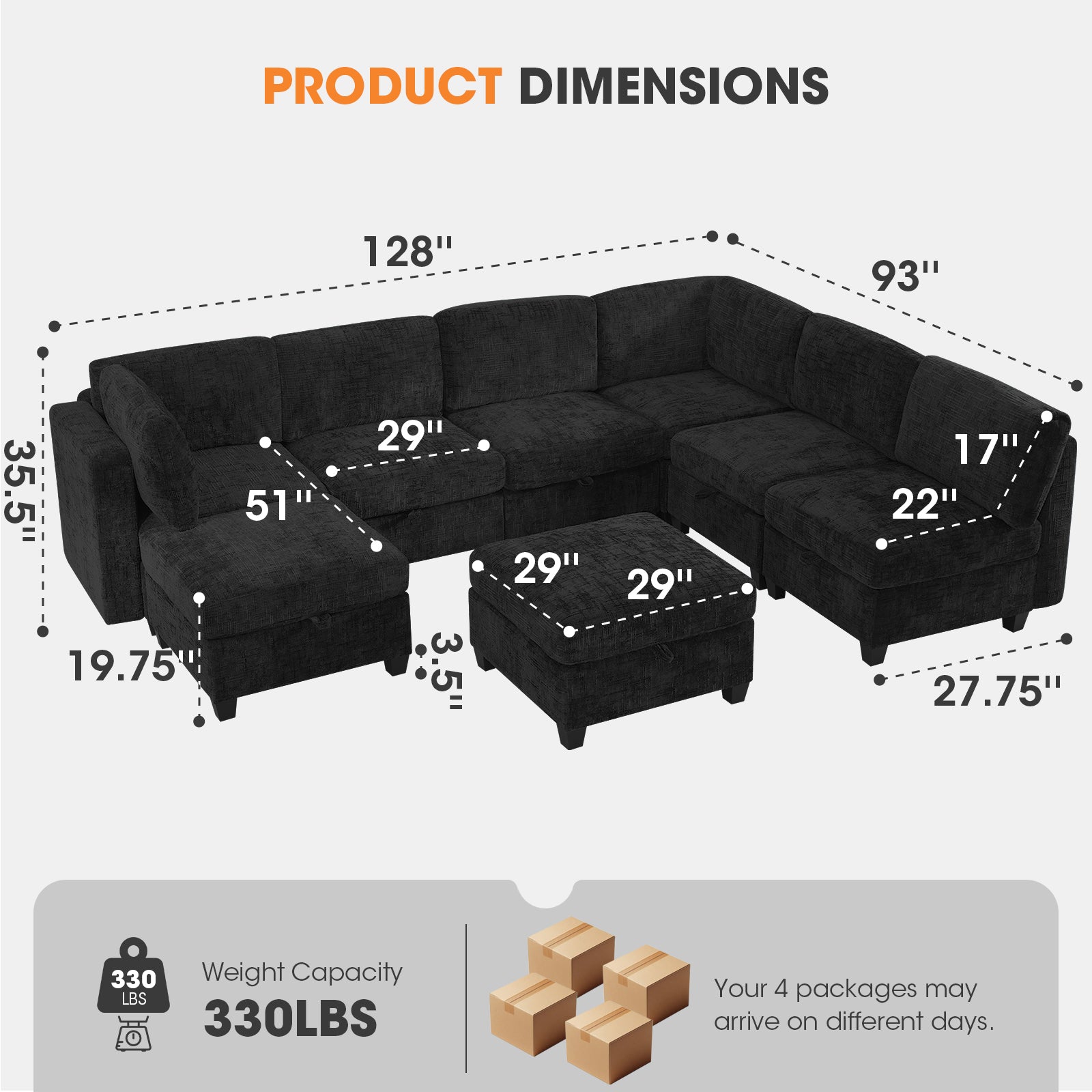 GDFStudio Core Modular Chenille Sectional Sofa with Storage, 8 Piece, Black