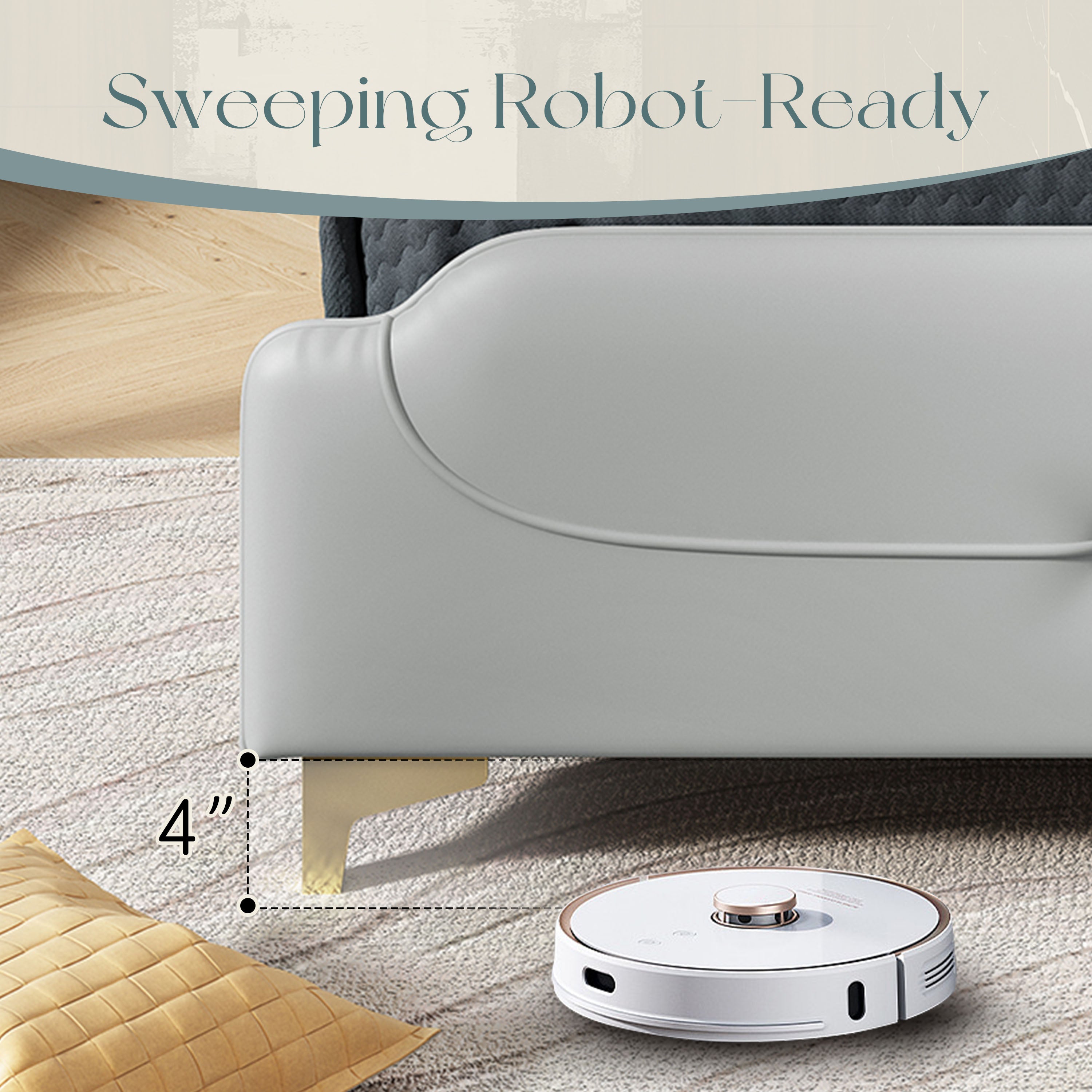 Christopher Knight Home Modern Faux Leather Platform Bed with Gold Metal Accents & Sturdy Wood-Metal Frame