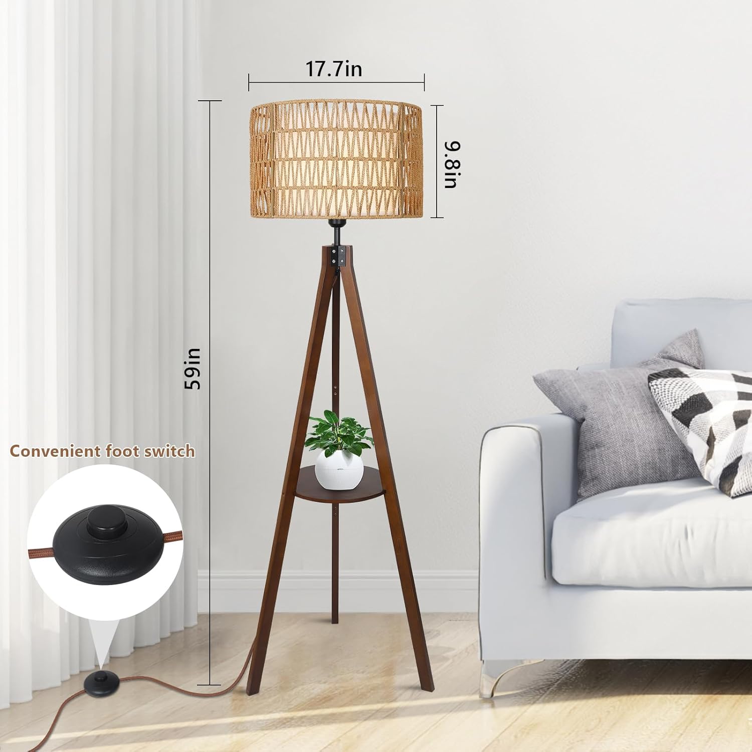 GDFStudio Charlotte Boho Wood Tripod Floor Lamp with Built-in Shelf and Double Shade, Brown