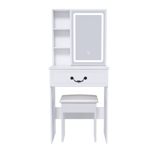 GDFStudio Althea Modern Mirror Vanity Table with LED Lights, 1 Drawers, Shelves and 1 Padded Stool, White