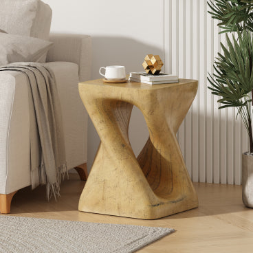 GDFStudio Verde Outdoor Lightweight Concrete Twist Design Wood Grain Texture Side Table, Natural