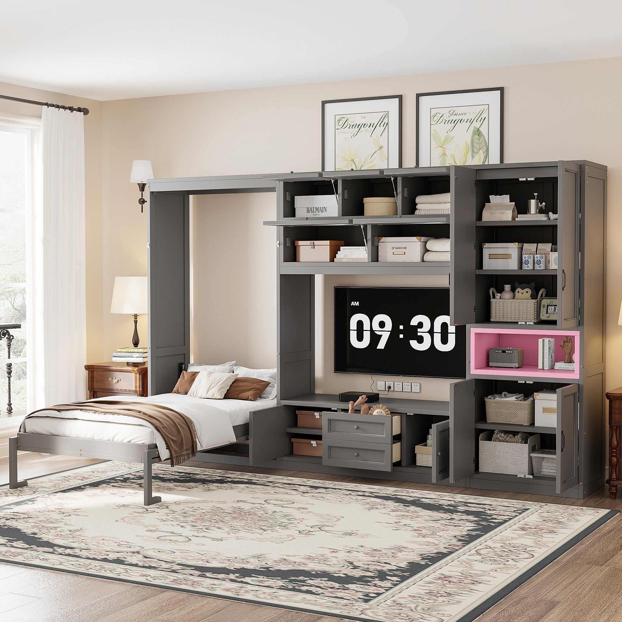 Twin Size Murphy Bed with TV Stand, Storage Drawers & Cabinets, Space-Saving Wall Bed for Small Rooms