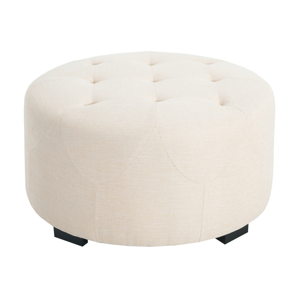Christopher Knight Home Round Linen Ottoman with Button Tufted Design & Birch Wood Legs – Versatile Footstool and Extra Seating