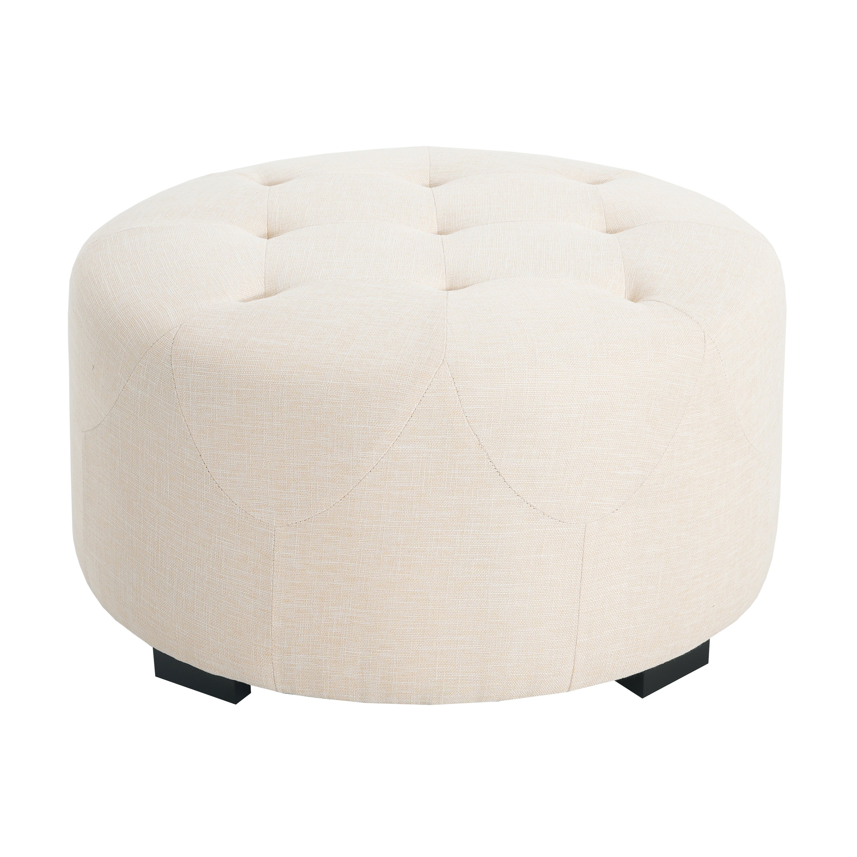 Christopher Knight Home Round Linen Ottoman with Button Tufted Design & Birch Wood Legs – Versatile Footstool and Extra Seating
