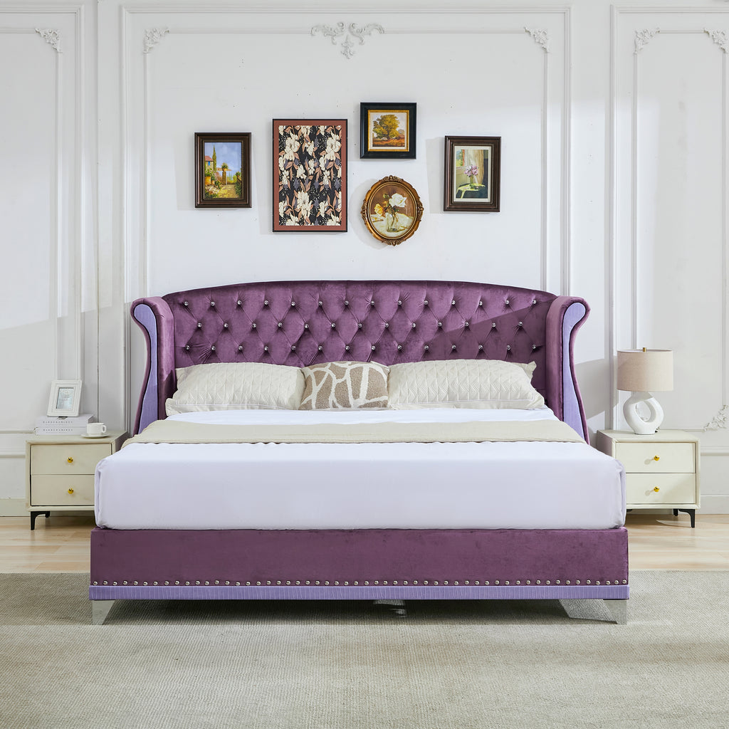 Christopher Knight Home Modern Velvet Wingback Tufted Platform Bed with Nailhead Trim and Silver Legs