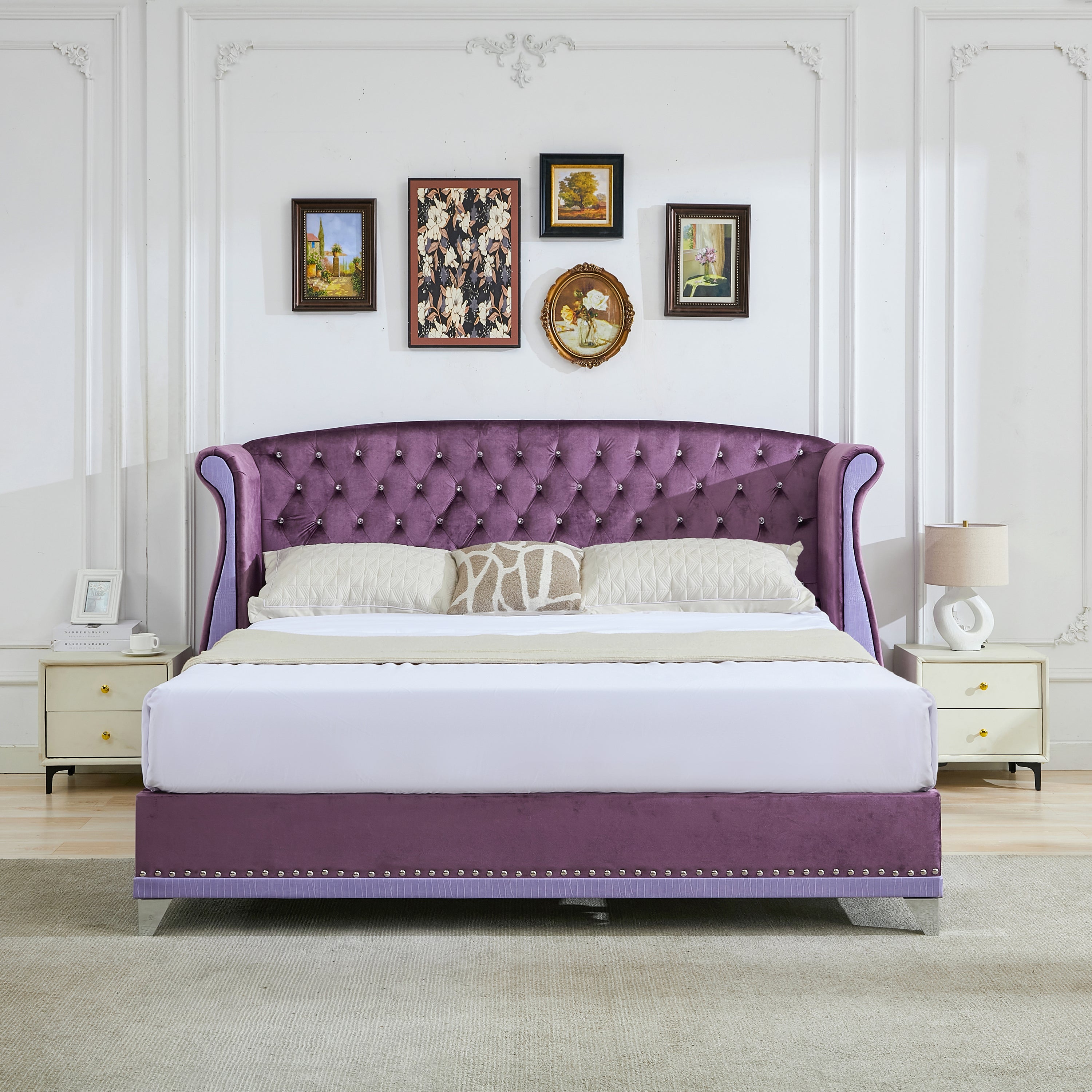 Christopher Knight Home Modern Velvet Wingback Tufted Platform Bed with Nailhead Trim and Silver Legs