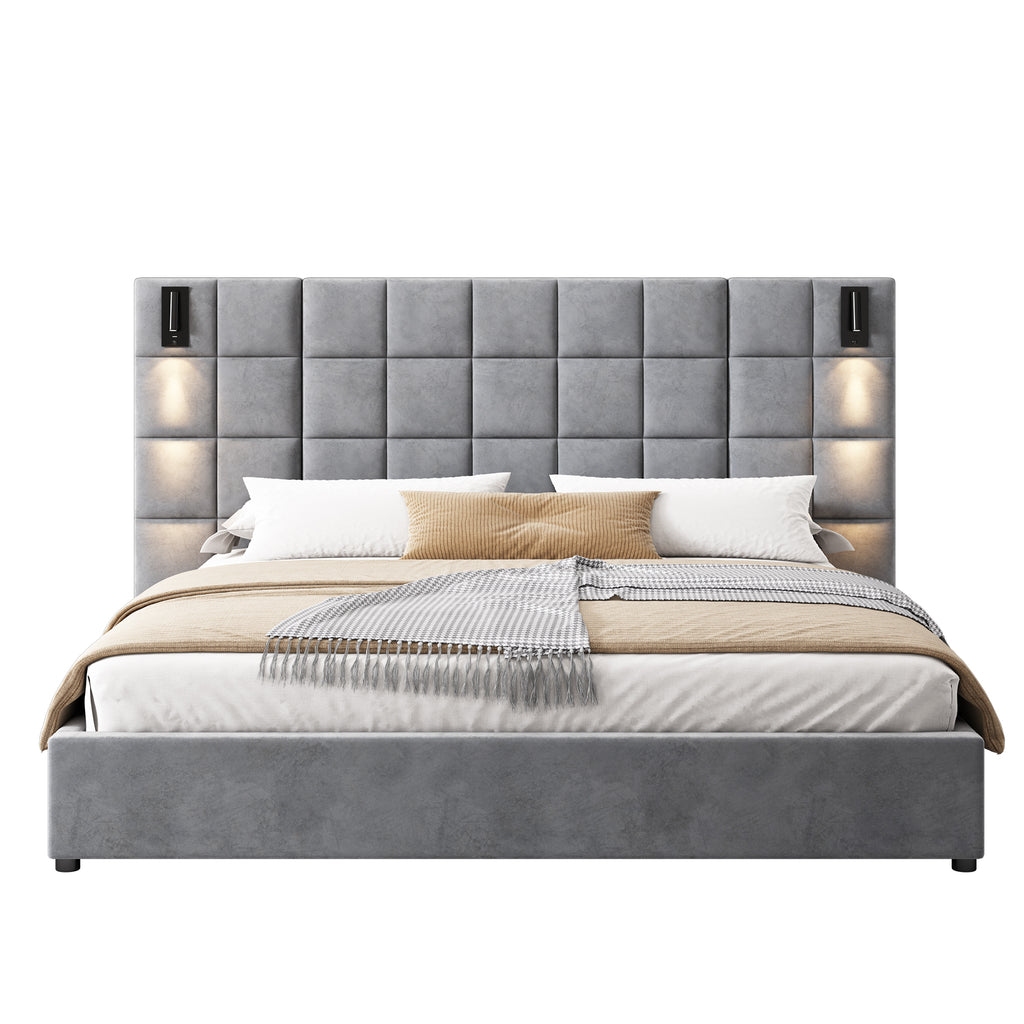 Christopher Knight Home Modern Velvet Upholstered Bed Frame with Padded Headboard & USB Wall Sconce
