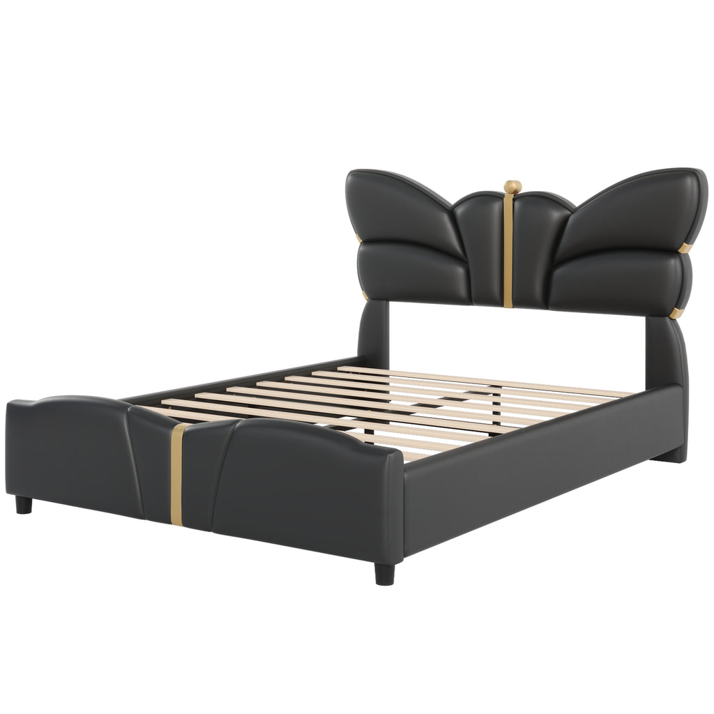 Christopher Knight Home Butterfly-Headboard PU Leather Platform Bed with Wood Slats & Metal Accents