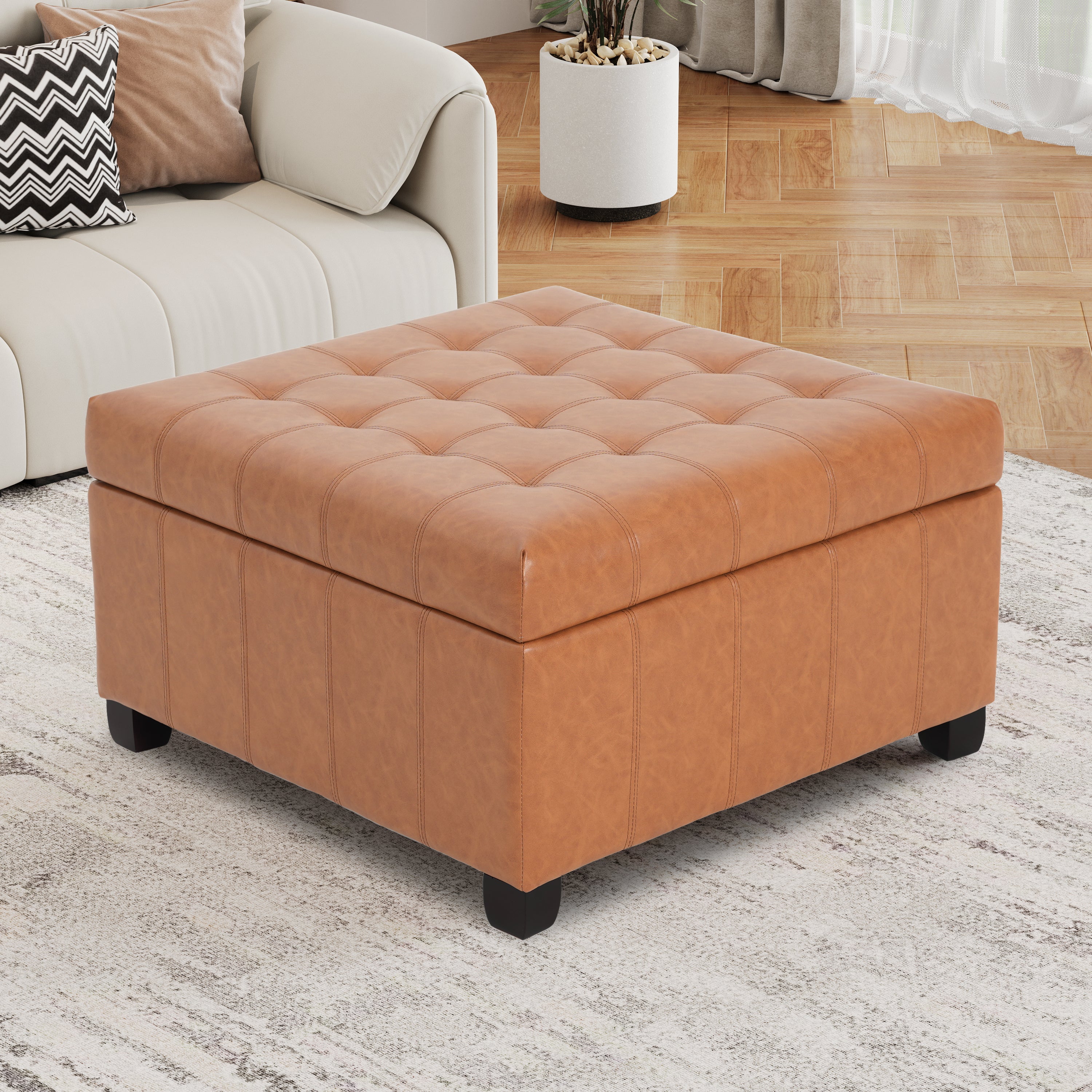 Tufted Square Storage Ottoman with Soft-Closing Hinges & Upholstered Lid