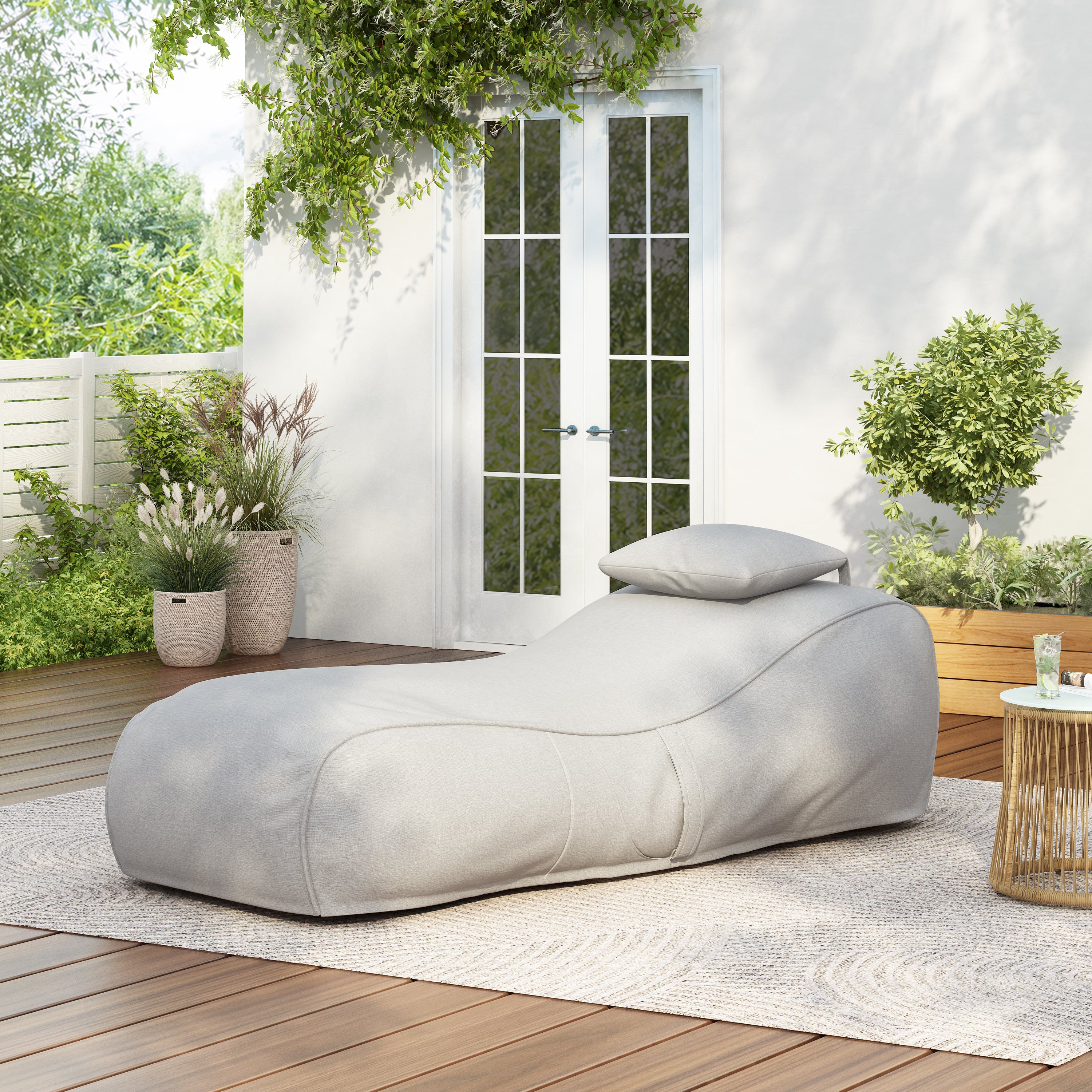 Outdoor Bean Bag Lounge Chair with Headrest, Ergonomic Shredded Foam Patio Lounger, Weather-Resistant Beige Bean Bag Sofa