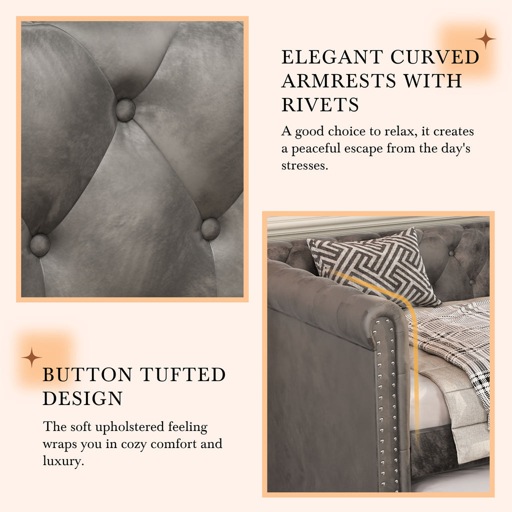 Christopher Knight Home Upholstered Velvet Daybed with Pull-Out Trundle & Tufted Backrest