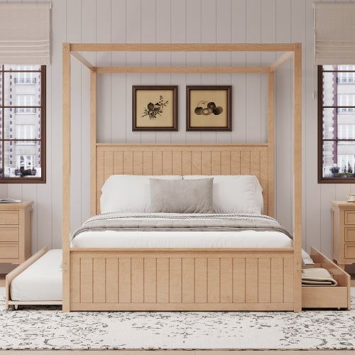 GDFStudio Sandy Modern Canopy Platform Bed with Trundle and Storage Drawers,Queen Size, Natural