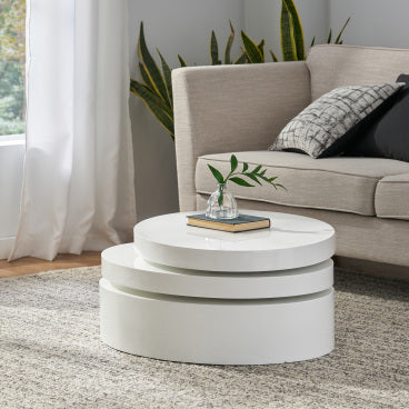 GDFStudio Kendall Modern Rotatable Oval 3-Tier Coffee Table, Glossy White