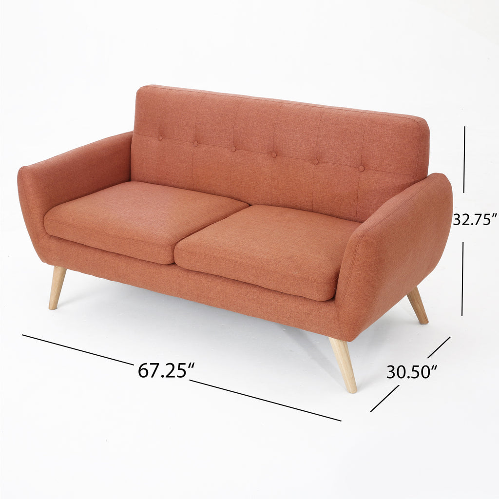 Mid-Century Modern Loveseat with Button-Tufted Waffle Stitch & Tapered Wood Legs ¨C Compact Small-Space Sofa