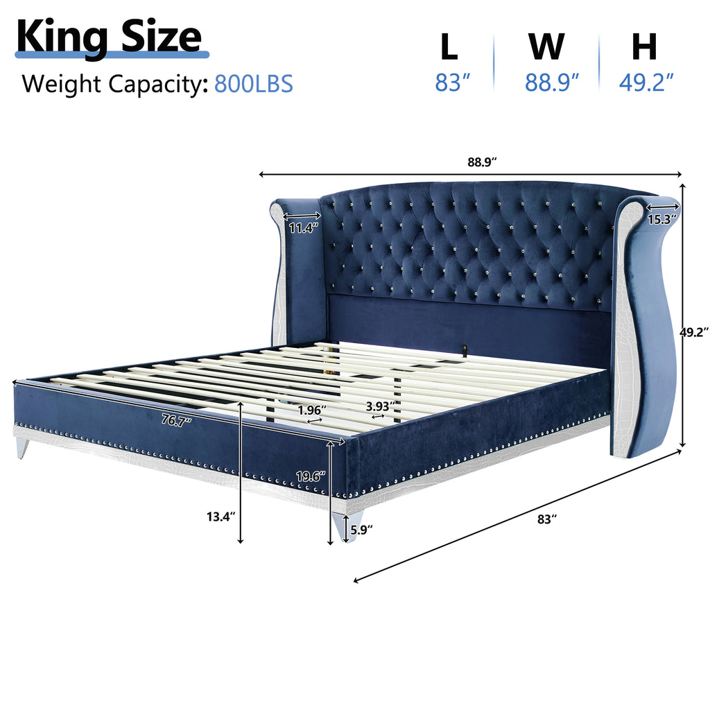 Christopher Knight Home Modern Velvet Wingback Tufted Platform Bed with Nailhead Trim and Silver Legs