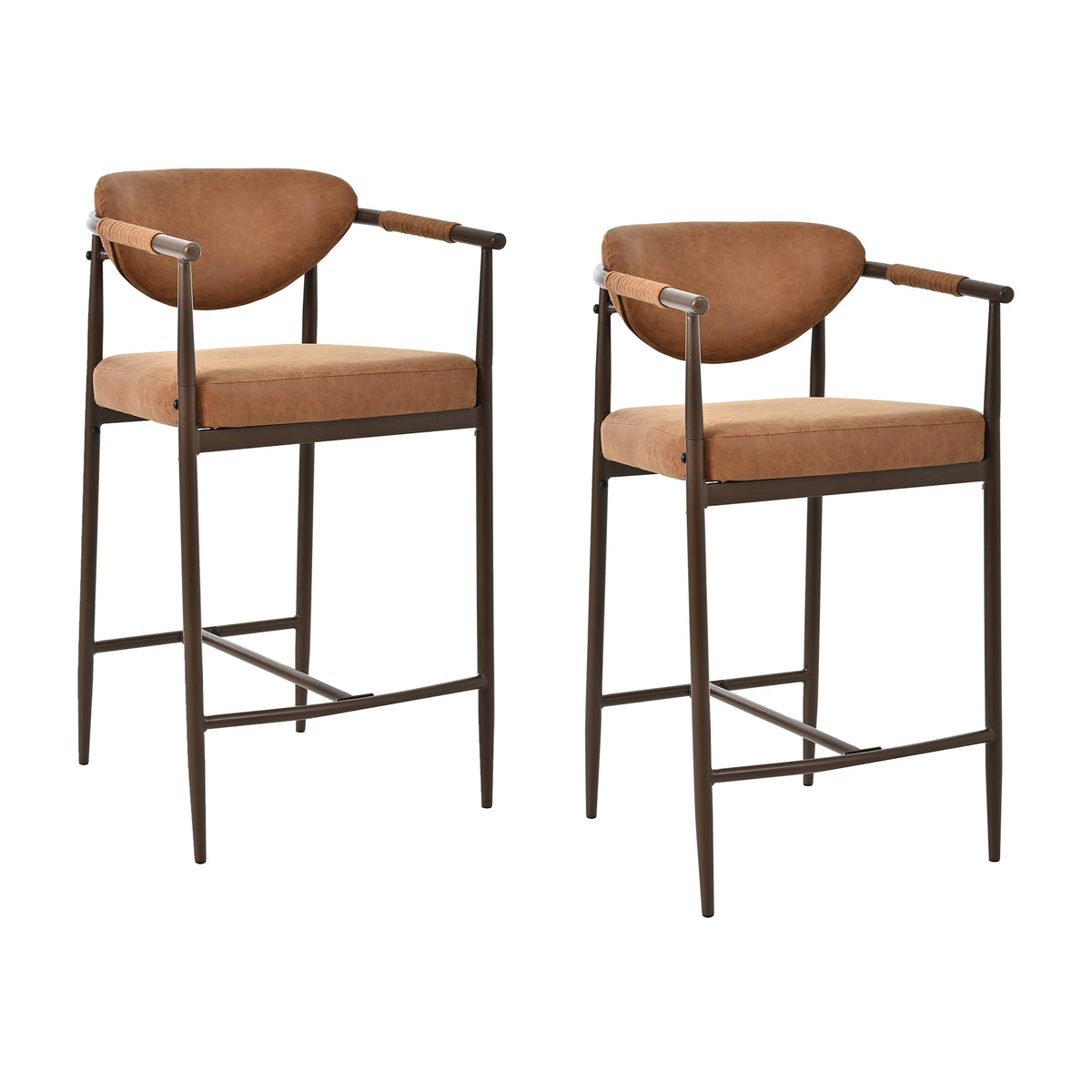 Christopher Knight Home Leontius Iron Faux Leather Counter Stools with Curved Backrest (Set of 2), Reddish Brown