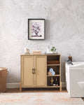 GDFStudio Riven Mid-Century Modern 35.4'' Storage Cabinet with Woven Rattan Doors, Open Shelves and Adjustable Shelves, Natural