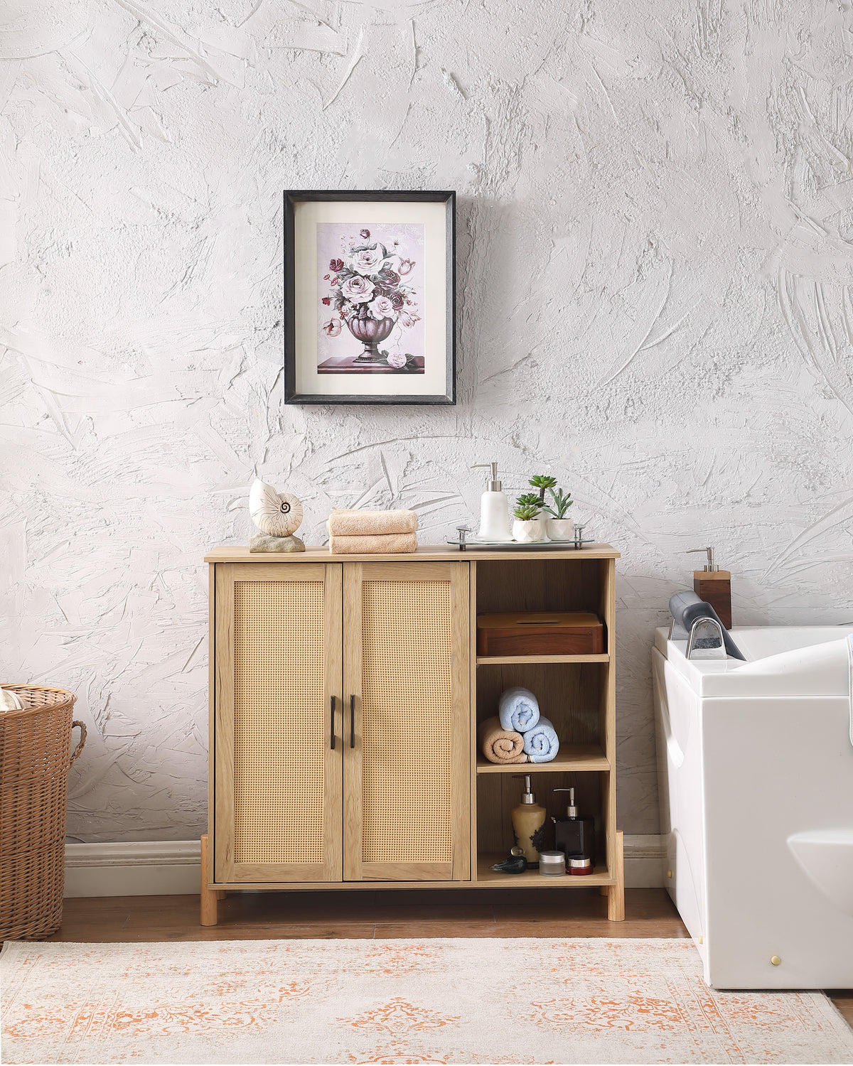 GDFStudio Riven Mid-Century Modern 35.4'' Storage Cabinet with Woven Rattan Doors, Open Shelves and Adjustable Shelves, Natural