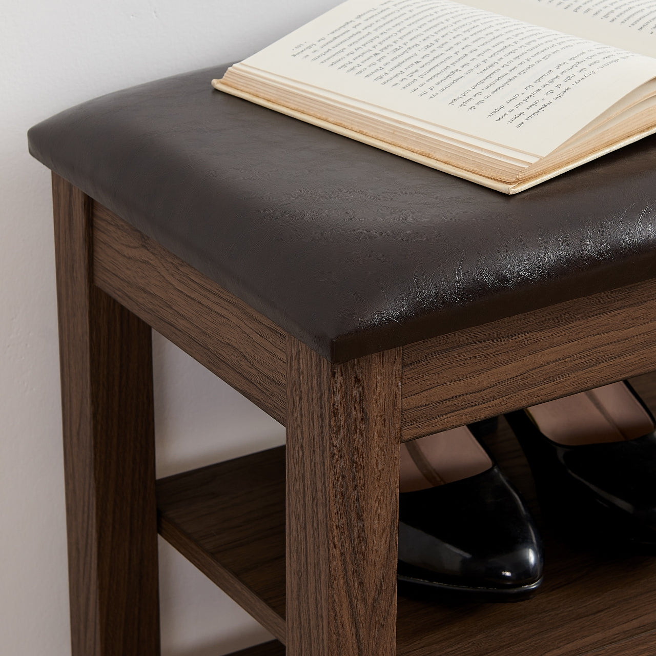 GDFStudio Debby Wood Faux Leather Upholstered?Shoe Rack Bench, Brown