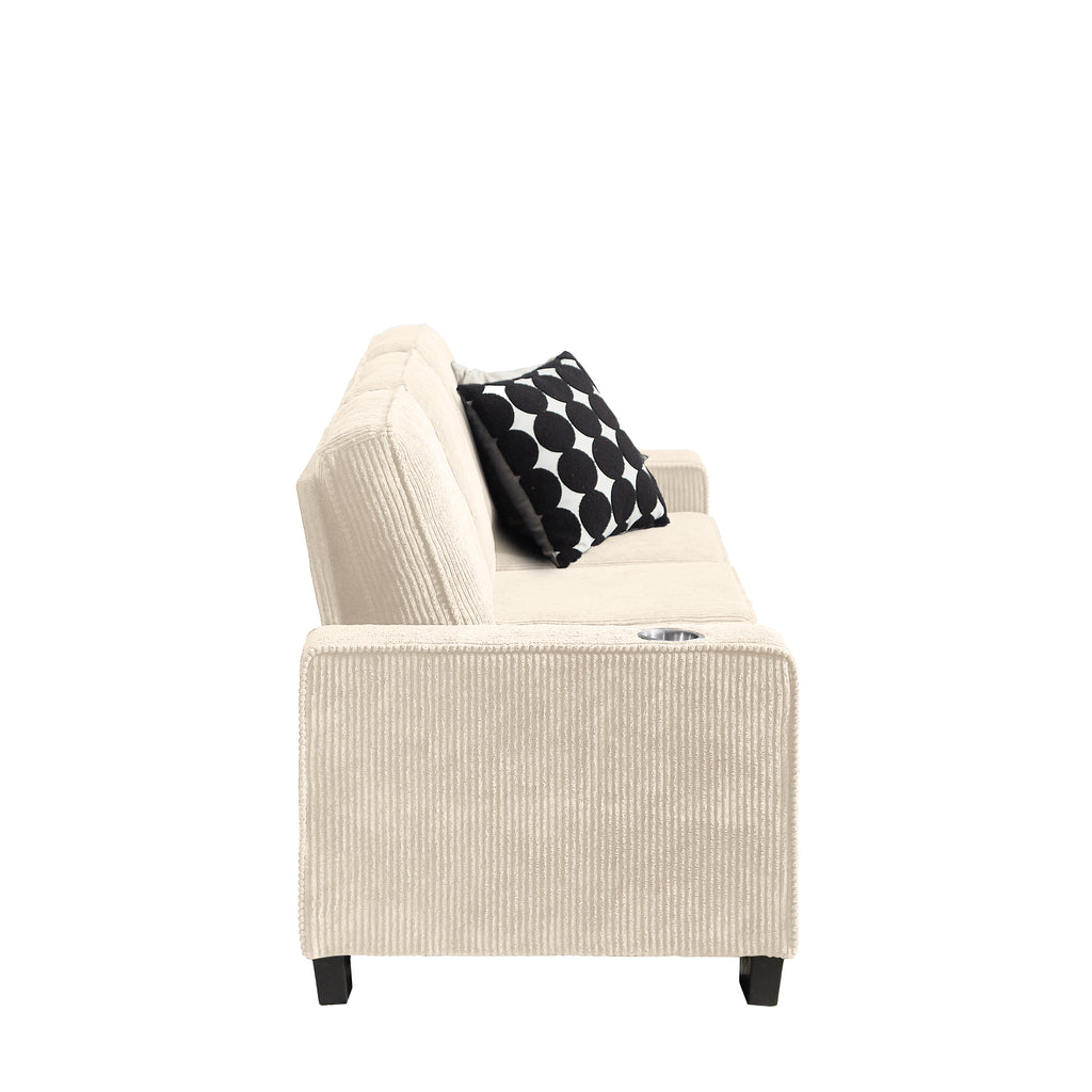 GDFStudio Everly 84" Corduroy Couch with Built-In Cup Holders, Beige