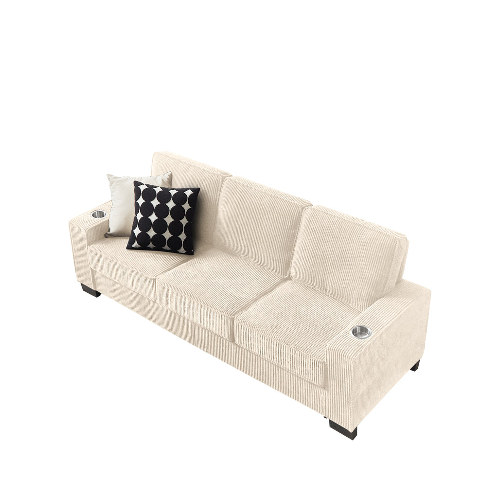 GDFStudio Everly 84" Corduroy Couch with Built-In Cup Holders, Beige