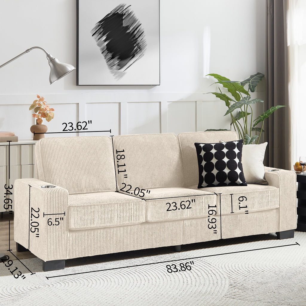 GDFStudio Everly 84" Corduroy Couch with Built-In Cup Holders, Beige