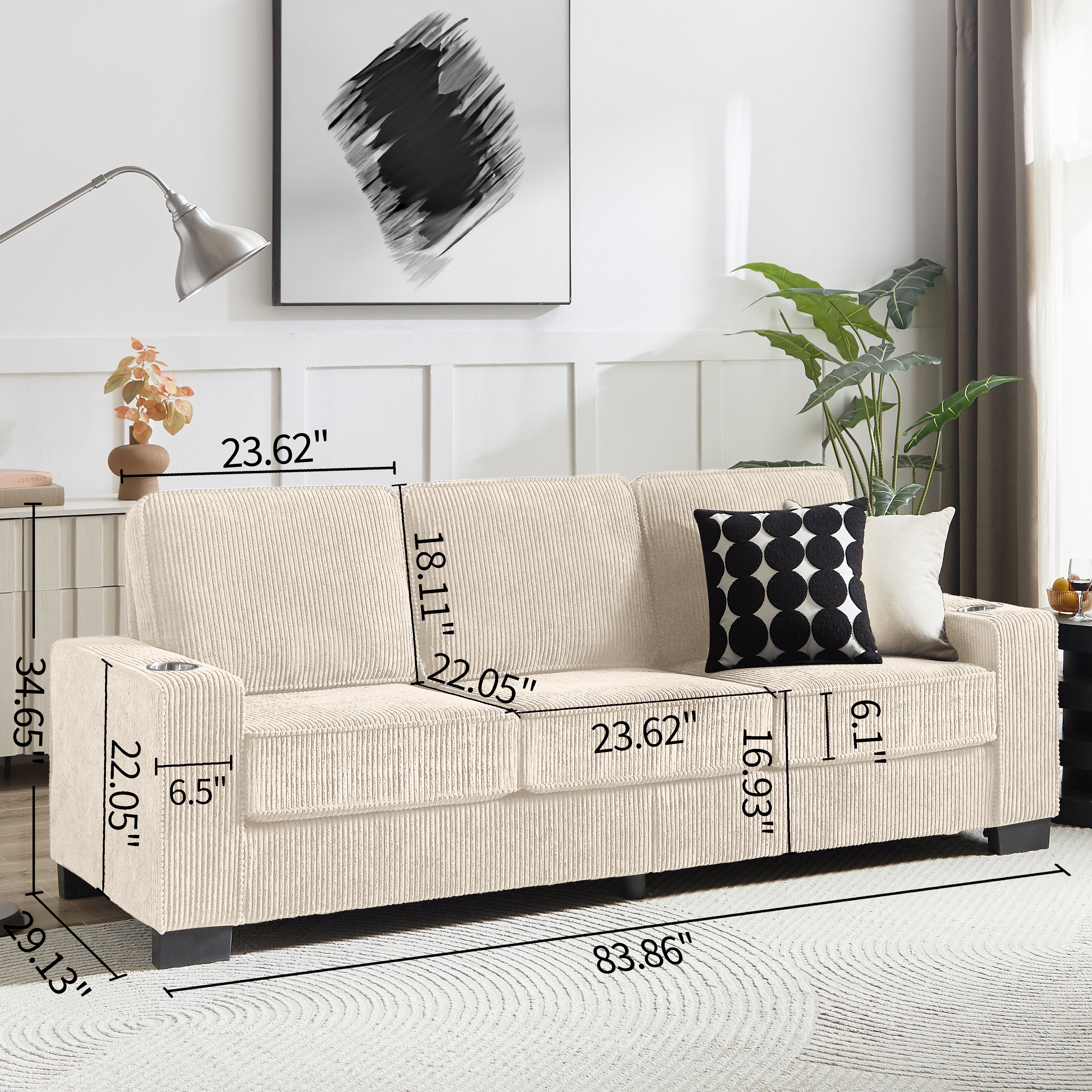 GDFStudio Everly 84" Corduroy Couch with Built-In Cup Holders, Beige