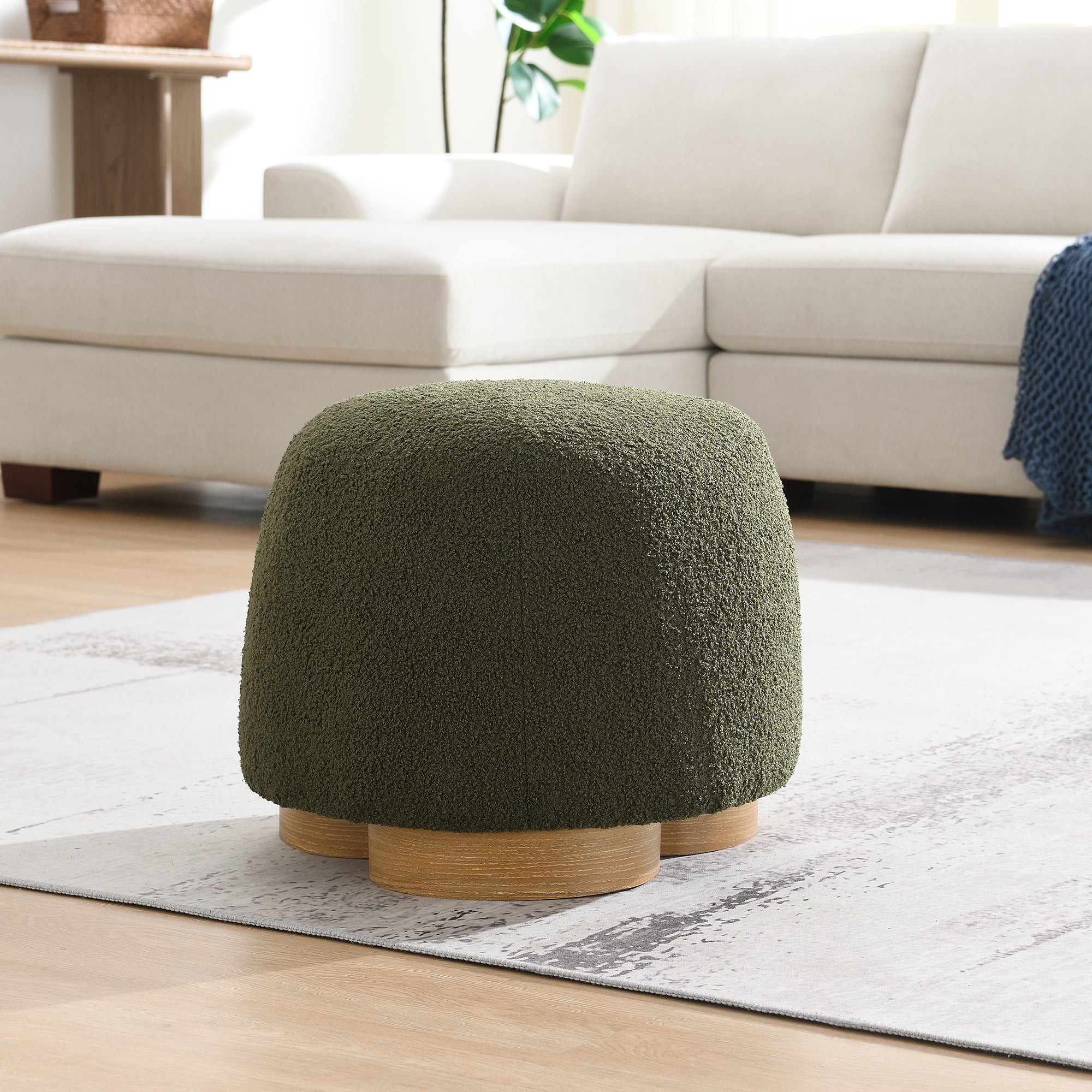 GDFStudio Elowen Round Teddy Fabric Upholstered Ottoman, Olive Green