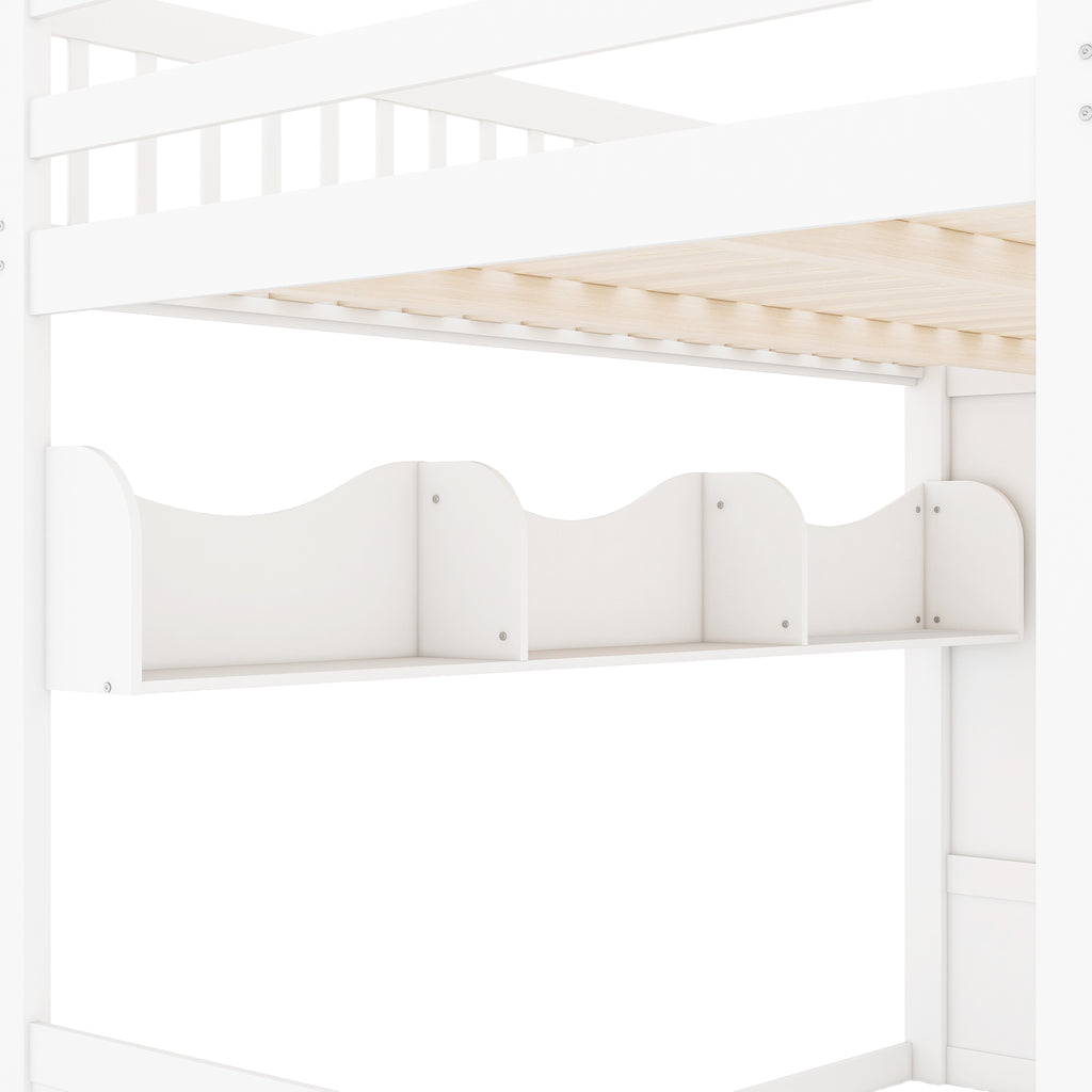 Queen Loft Bed with Wardrobe & Storage Shelves, Solid Wood Loft Bed with Staircase for Bedroom