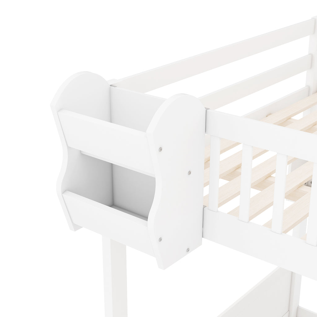 Queen Loft Bed with Wardrobe & Storage Shelves, Solid Wood Loft Bed with Staircase for Bedroom