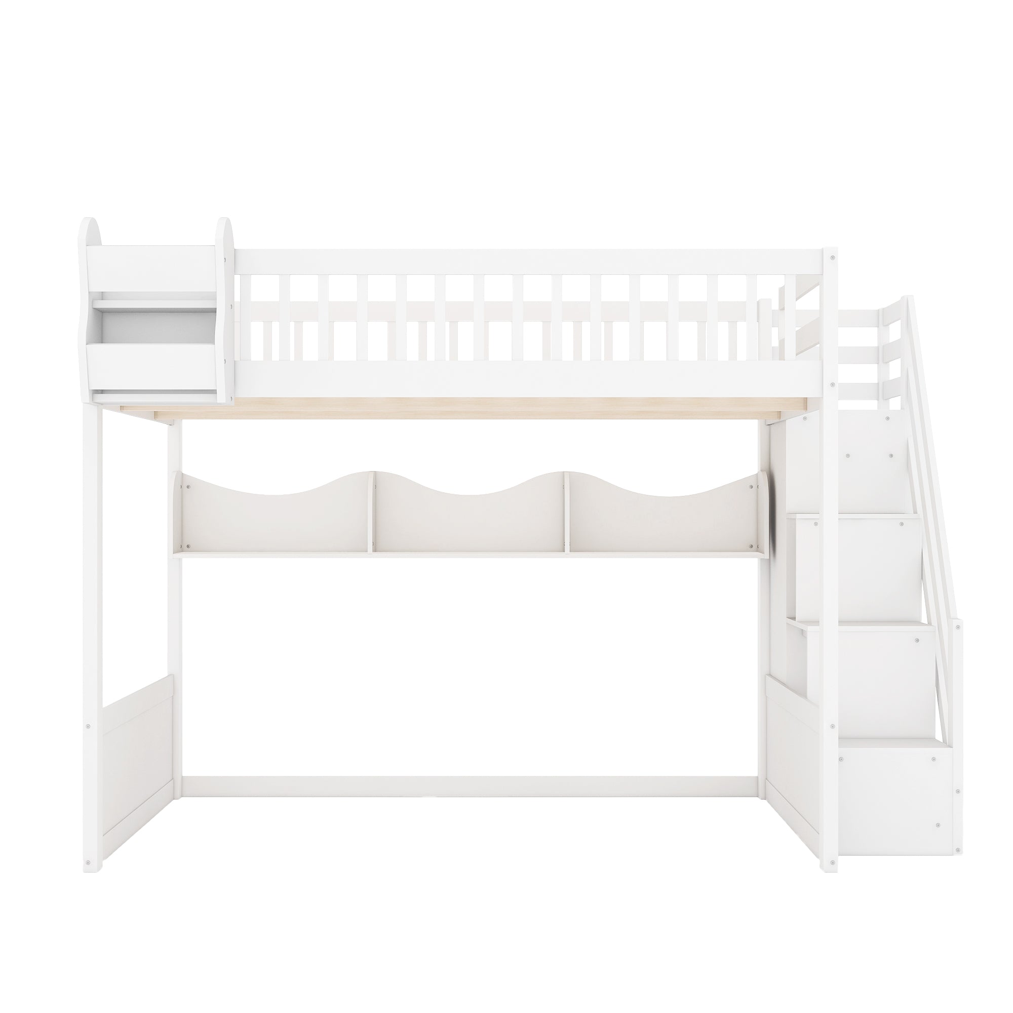 Queen Loft Bed with Wardrobe & Storage Shelves, Solid Wood Loft Bed with Staircase for Bedroom
