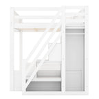 Queen Loft Bed with Wardrobe & Storage Shelves, Solid Wood Loft Bed with Staircase for Bedroom