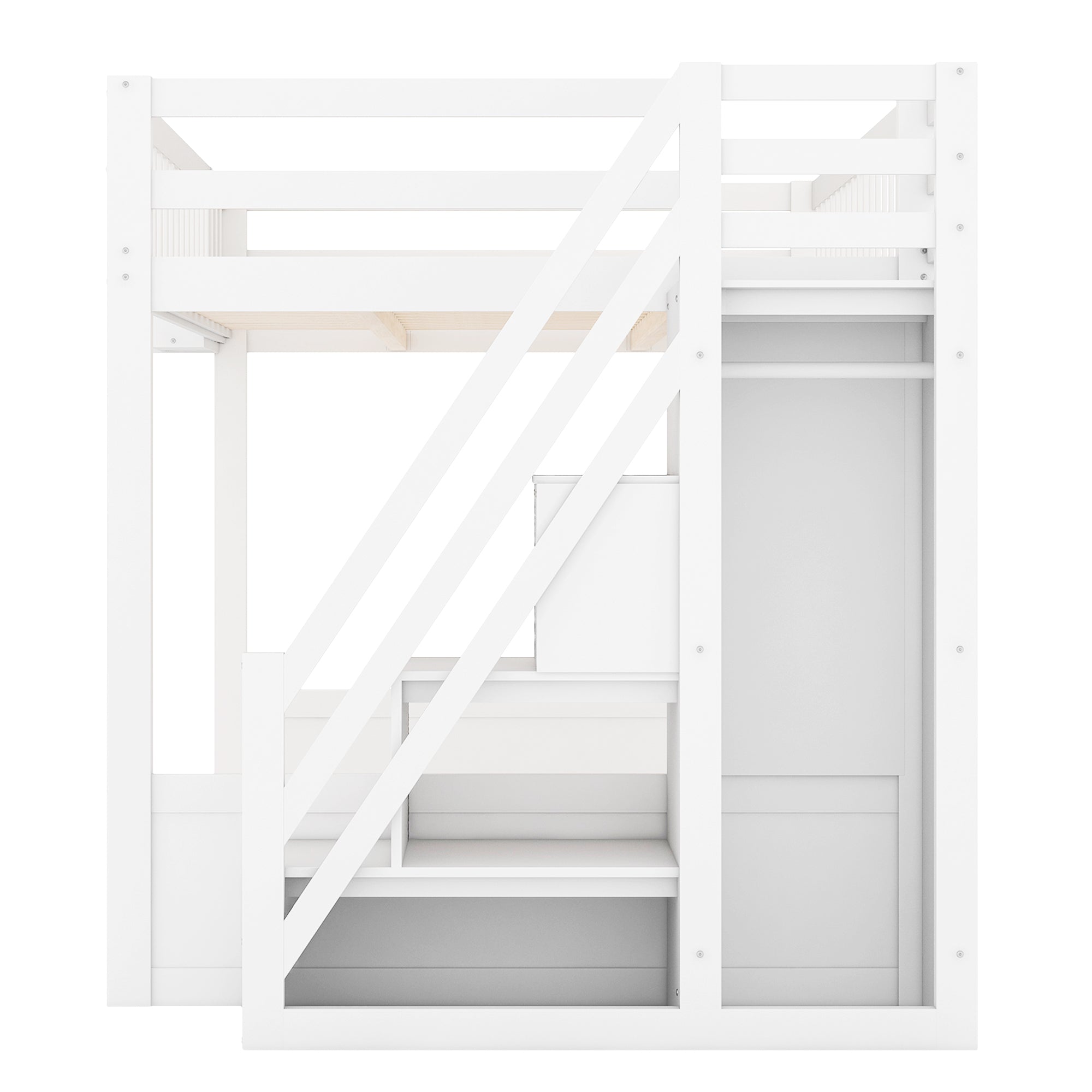 Queen Loft Bed with Wardrobe & Storage Shelves, Solid Wood Loft Bed with Staircase for Bedroom
