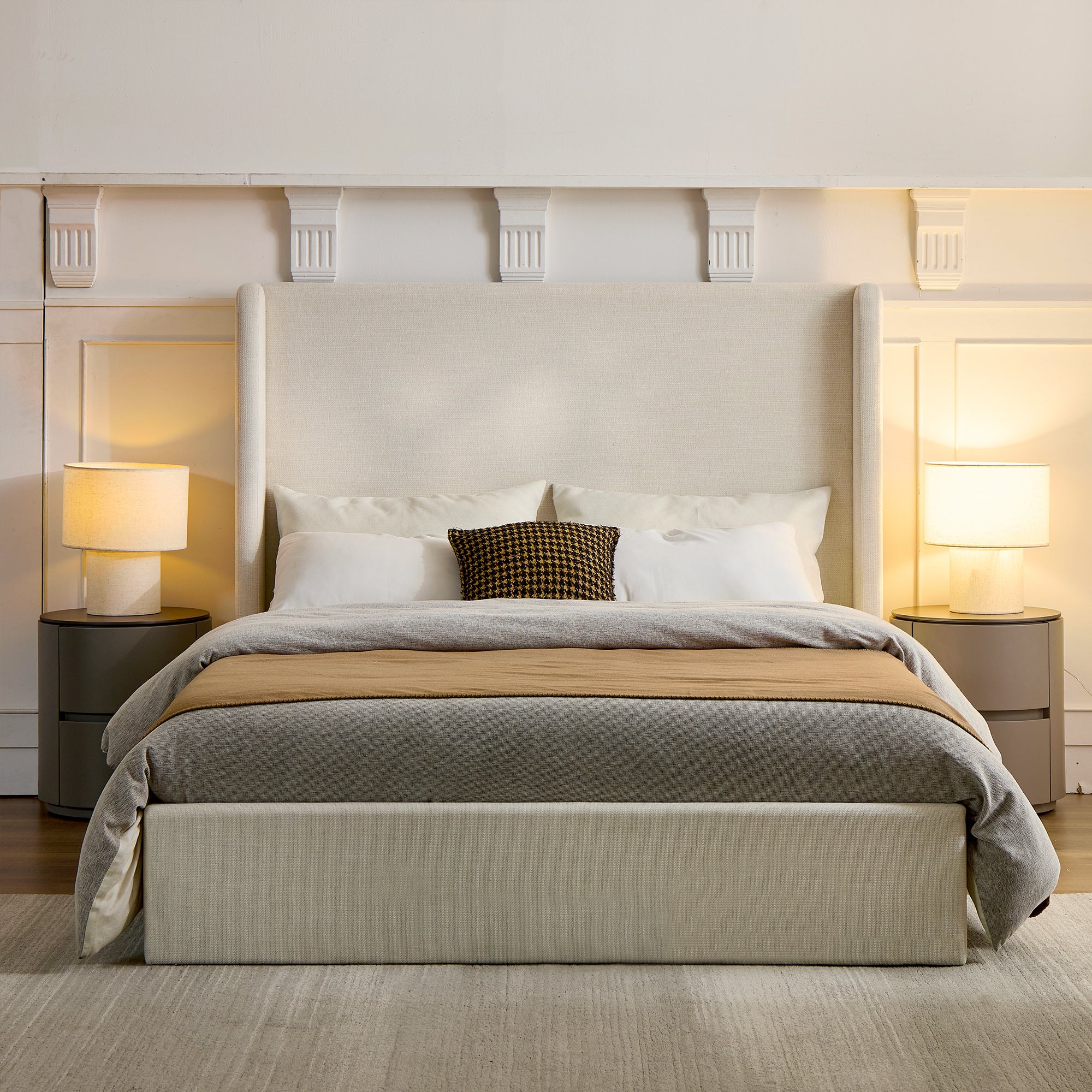 Christopher Knight Home Heino Modern Upholstered Floor Bed with Wingback, Chenille, Queen