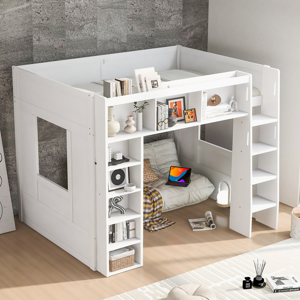 Queen Loft Bed with Storage Cabinets & Bookshelf, Solid Wood Loft Bed with Ladder for Small Bedrooms